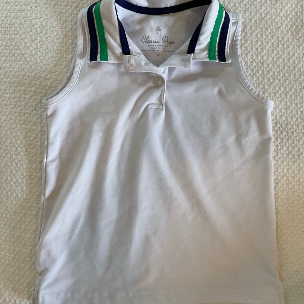 Classic Prep White Sleeveless Polo with Green & Navy Collar Stripes